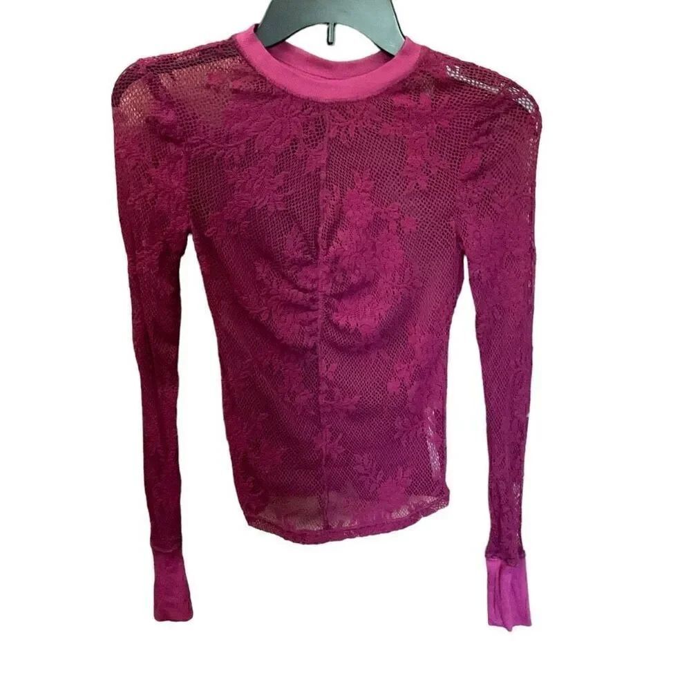Free People Intimately Top Sheer Lace Crew Neck Ruched Maroon Long Sleeve XS